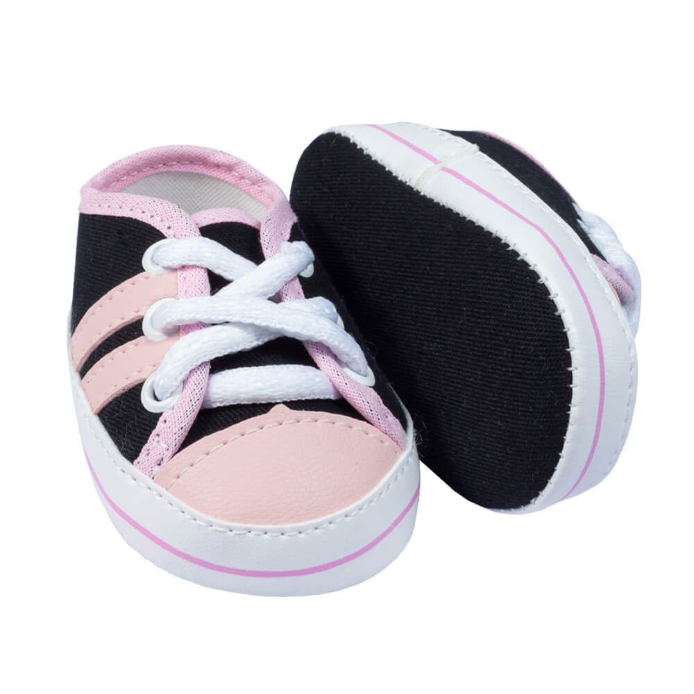 TÊNIS COM CADARÇO PARA BEBÊ MENINA LISTRA DUPLA PRETO E ROSA
