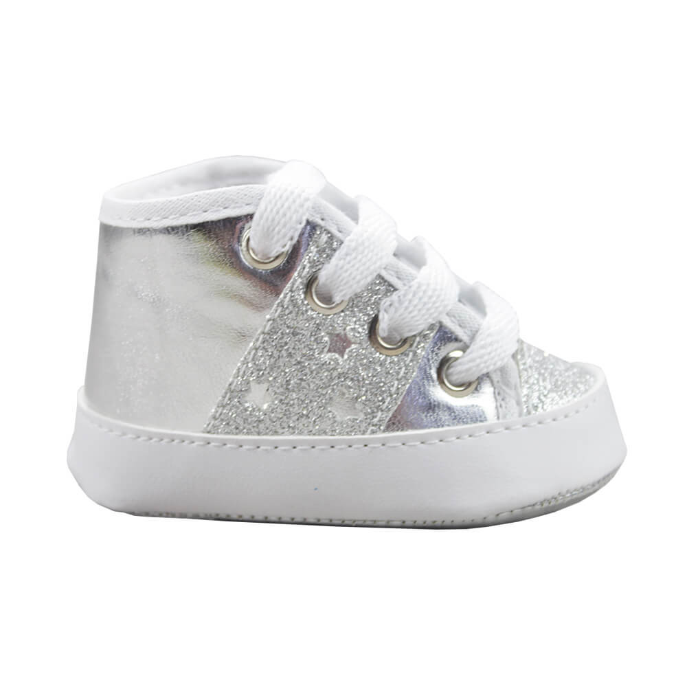 TÊNIS CANO ALTO PARA BEBÊ PRATA COM GLITTER SOFFETE