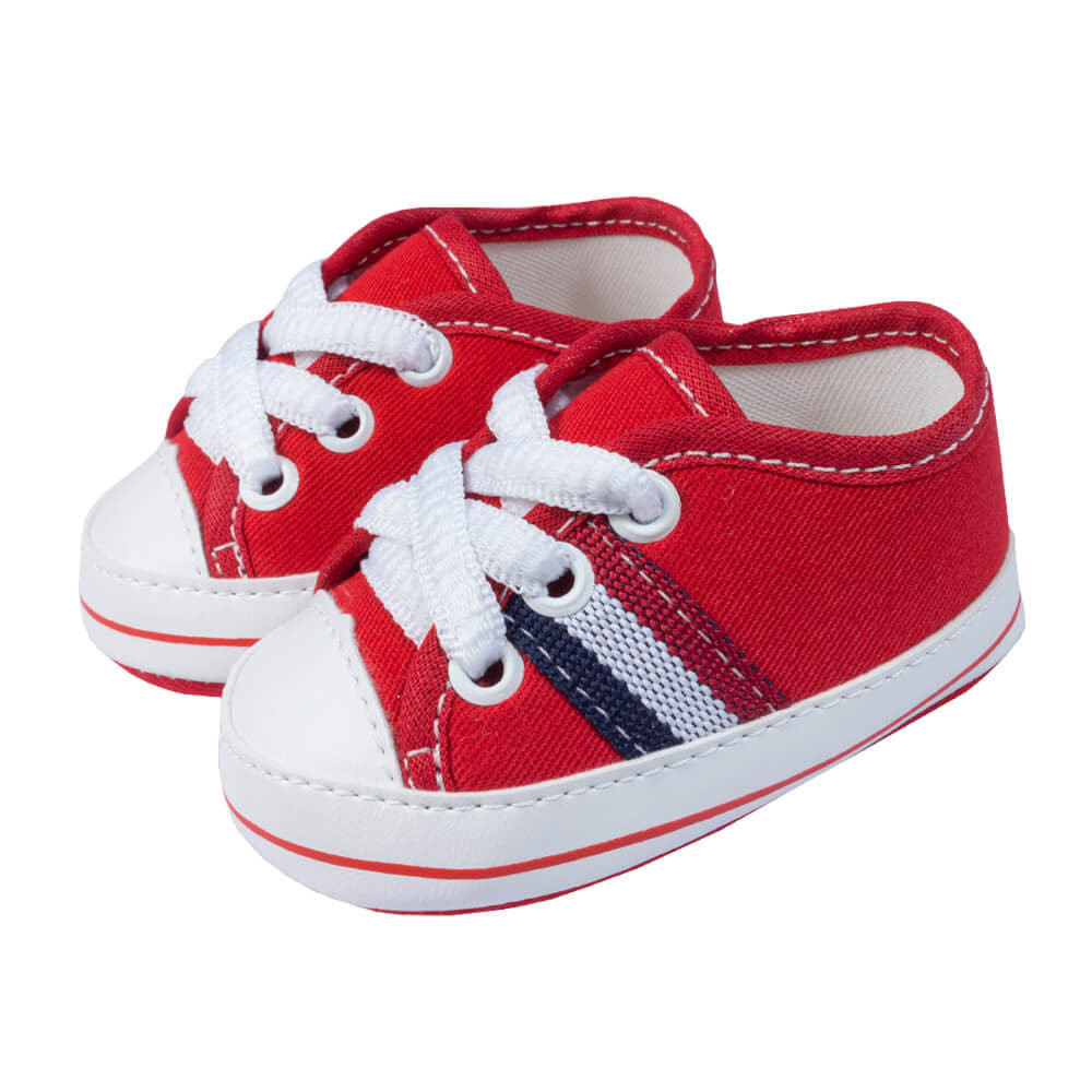 TÊNIS COM CADARÇO PARA BEBÊ LISTRAS VERMELHO