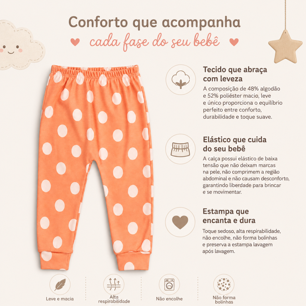 Calça Infantil Tecido Macelin Estampado Laranja com Bolinhas De 12 A 24 Meses