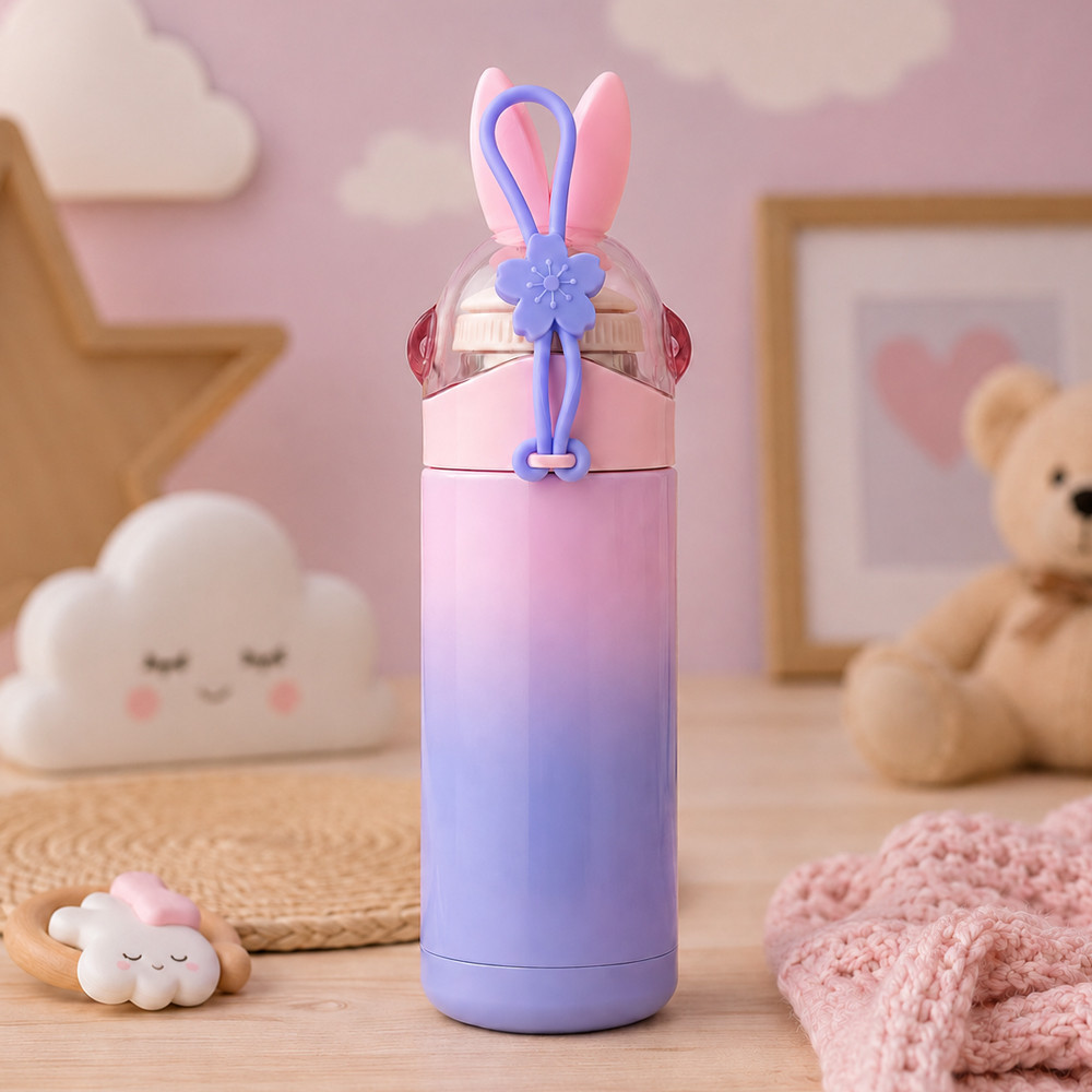 Garrafa Térmica Infantil Coelho Colorido Lilás 350ml Aço Inox Quente e Frio