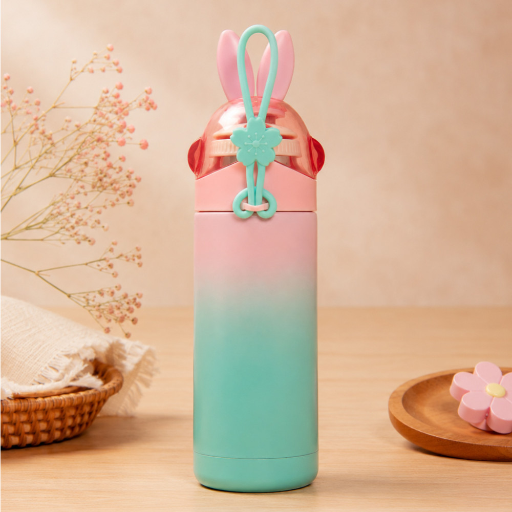 Garrafa Térmica Infantil Coelho Colorido Verde 350ml Aço Inox Quente e Frio