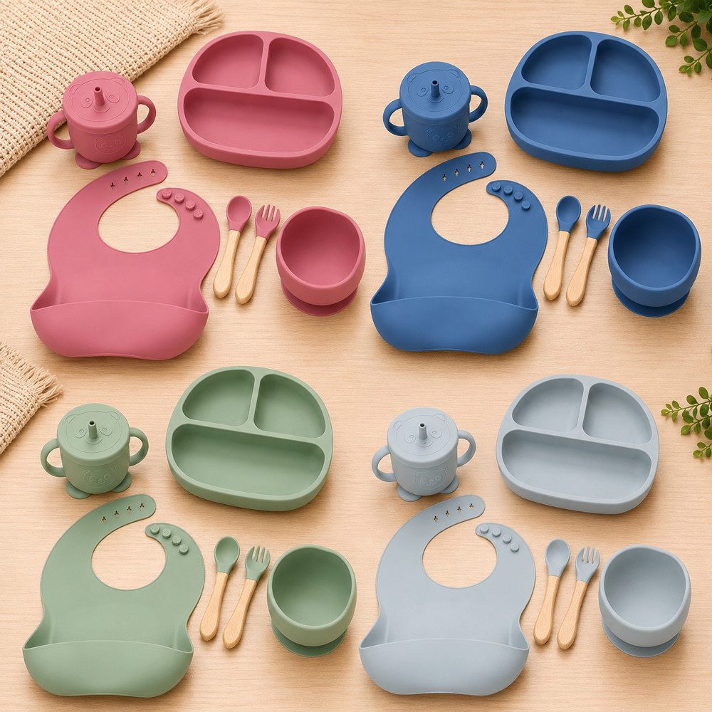 Kit Refeição Bebê Silicone 6 Peças Introdução Alimentar Livre de BPA Creme