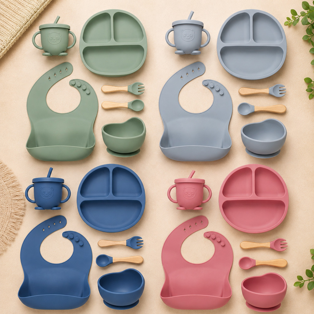 Kit Refeição Bebê Silicone 6 Peças Introdução Alimentar Livre de BPA Cinza