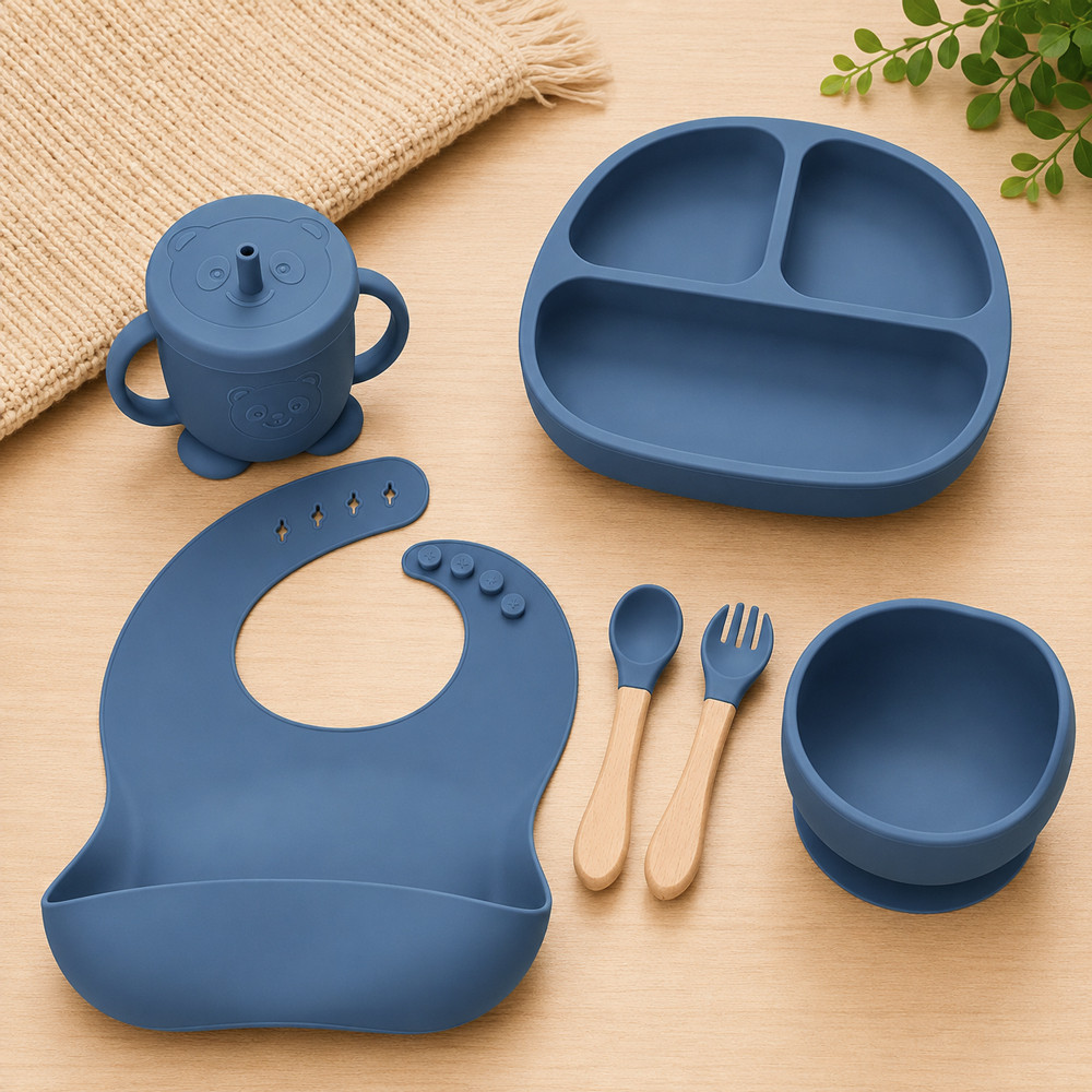 Kit Refeição Bebê Silicone 6 Peças Introdução Alimentar Livre de BPA Azul 