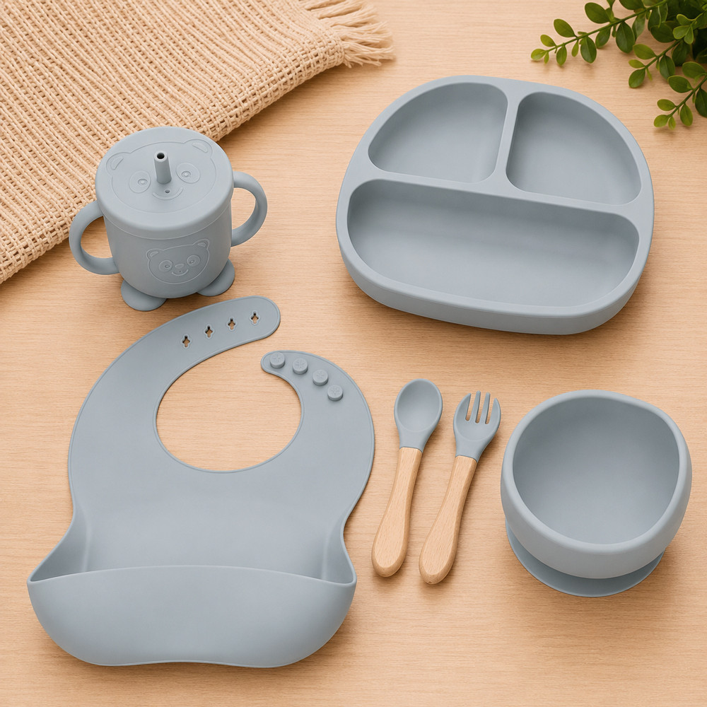 Kit Refeição Bebê Silicone 6 Peças Introdução Alimentar Livre de BPA Cinza