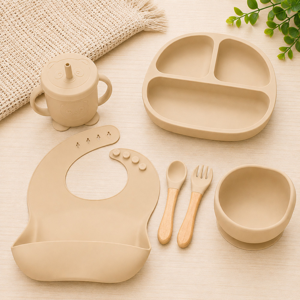 Kit Refeição Bebê Silicone 6 Peças Introdução Alimentar Livre de BPA Creme