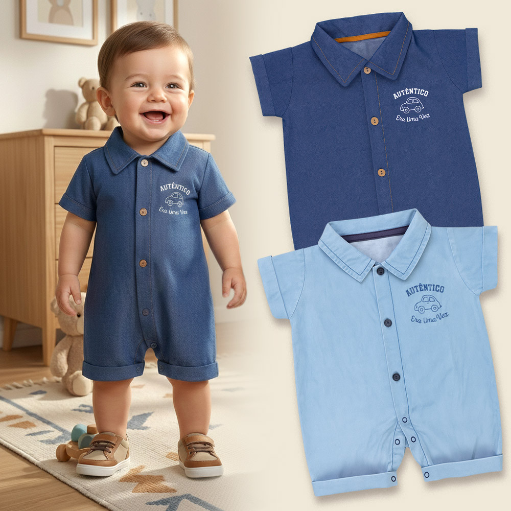 Macacão Camisa Jeans para Bebê Menino Lavagem Escura
