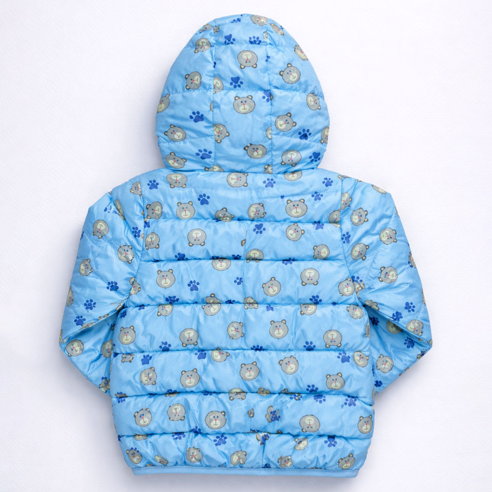 Jaqueta de Inverno Puffer Forrada Com Capuz Urso Azul Claro Para Bebês Até 3 Anos