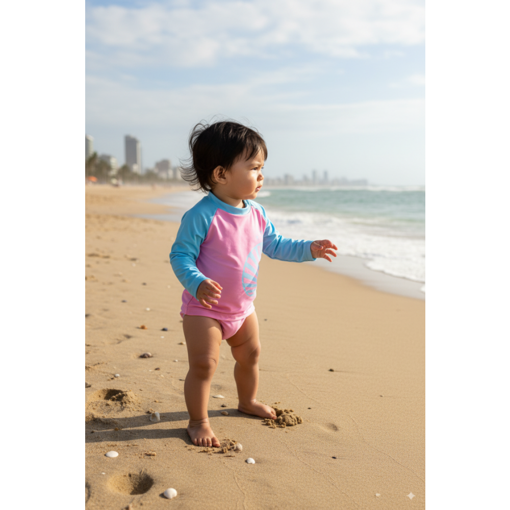 Camiseta Infantil Proteção Uv50+ Rosa com Azul de 01 até 03 anos