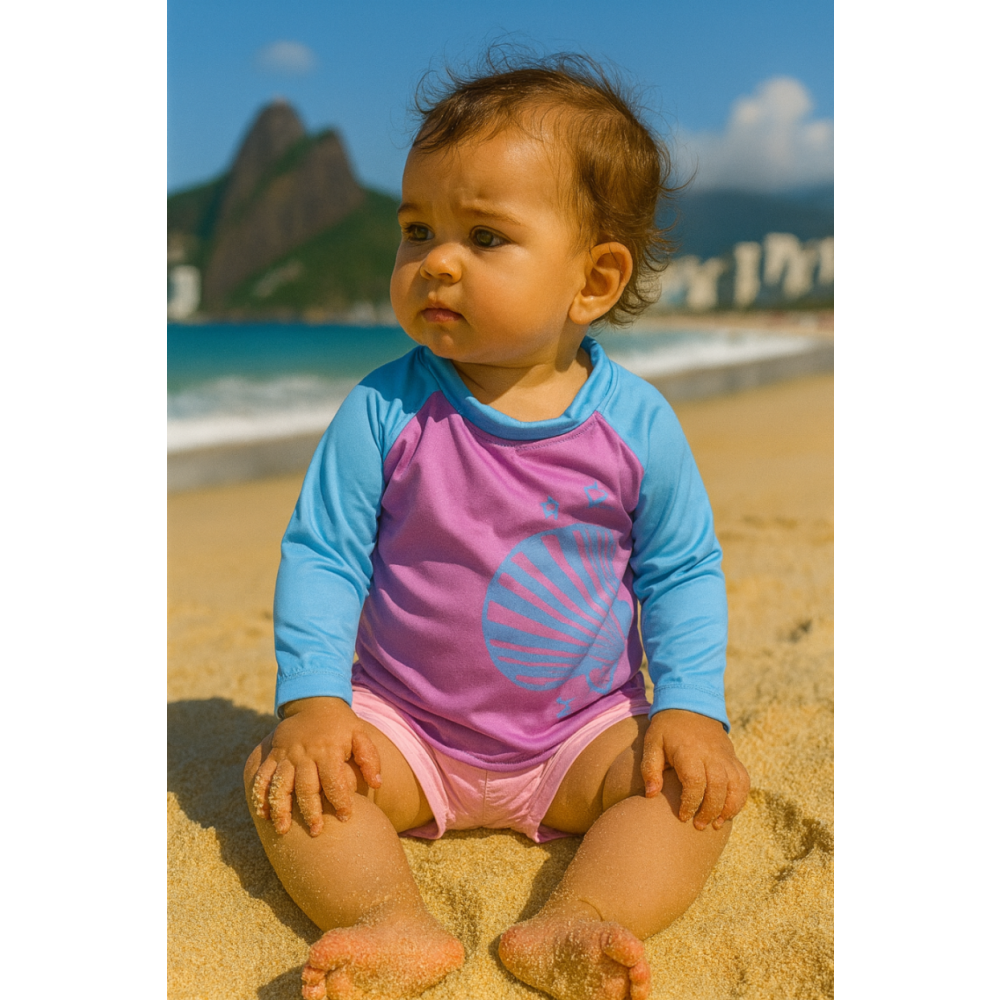 Camiseta Infantil Proteção Uv50+ Rosa com Azul de 01 até 03 anos