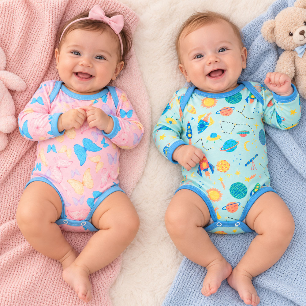 Body Bebê Manga Longa Tecido Macelin Estampado Listras Azul de 0 a 12 Meses 