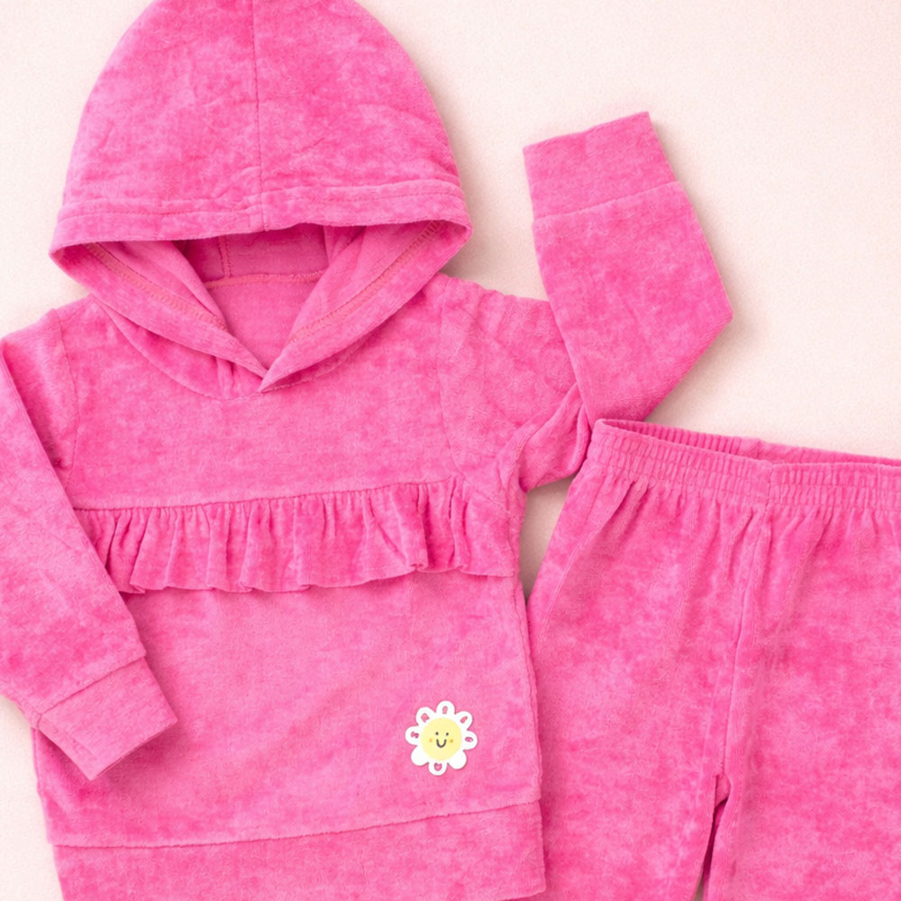 Conjunto Plush Bebê Menina com Babadinho e Capuz Toque Macio Cereja