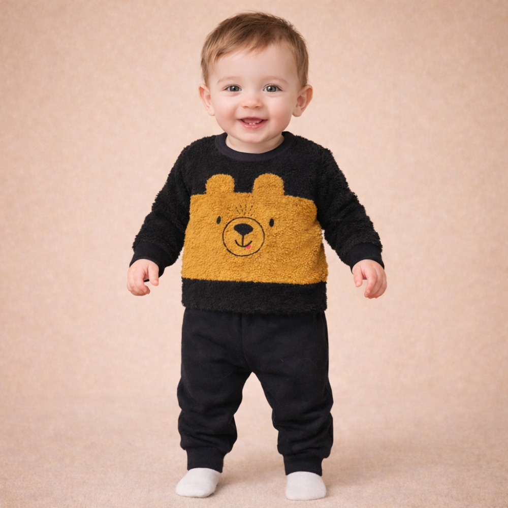 Conjunto Bebê Menino Moletom Ursinho Peluciado Urso Cute Inverno Preto