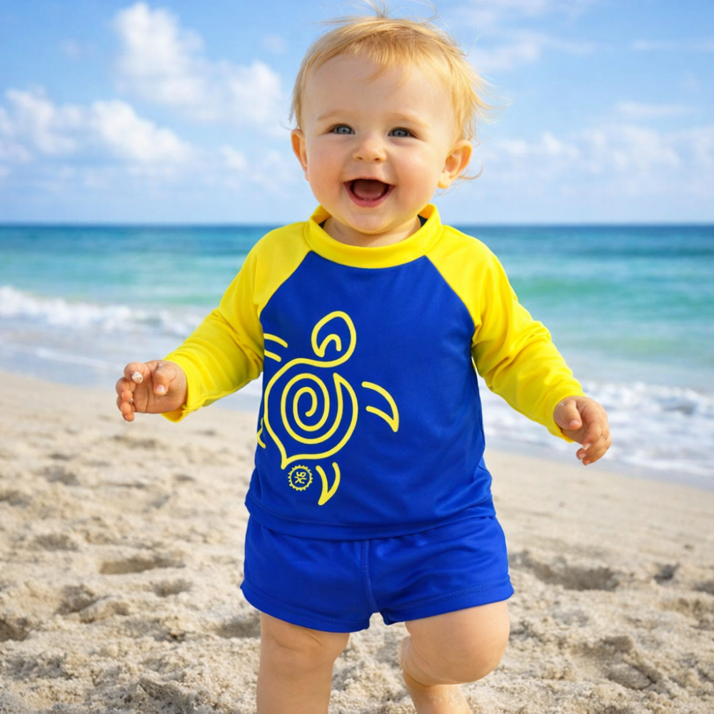 Camiseta Infantil Proteção Uv50+ Royal e Amarelo de 01 até 03 anos