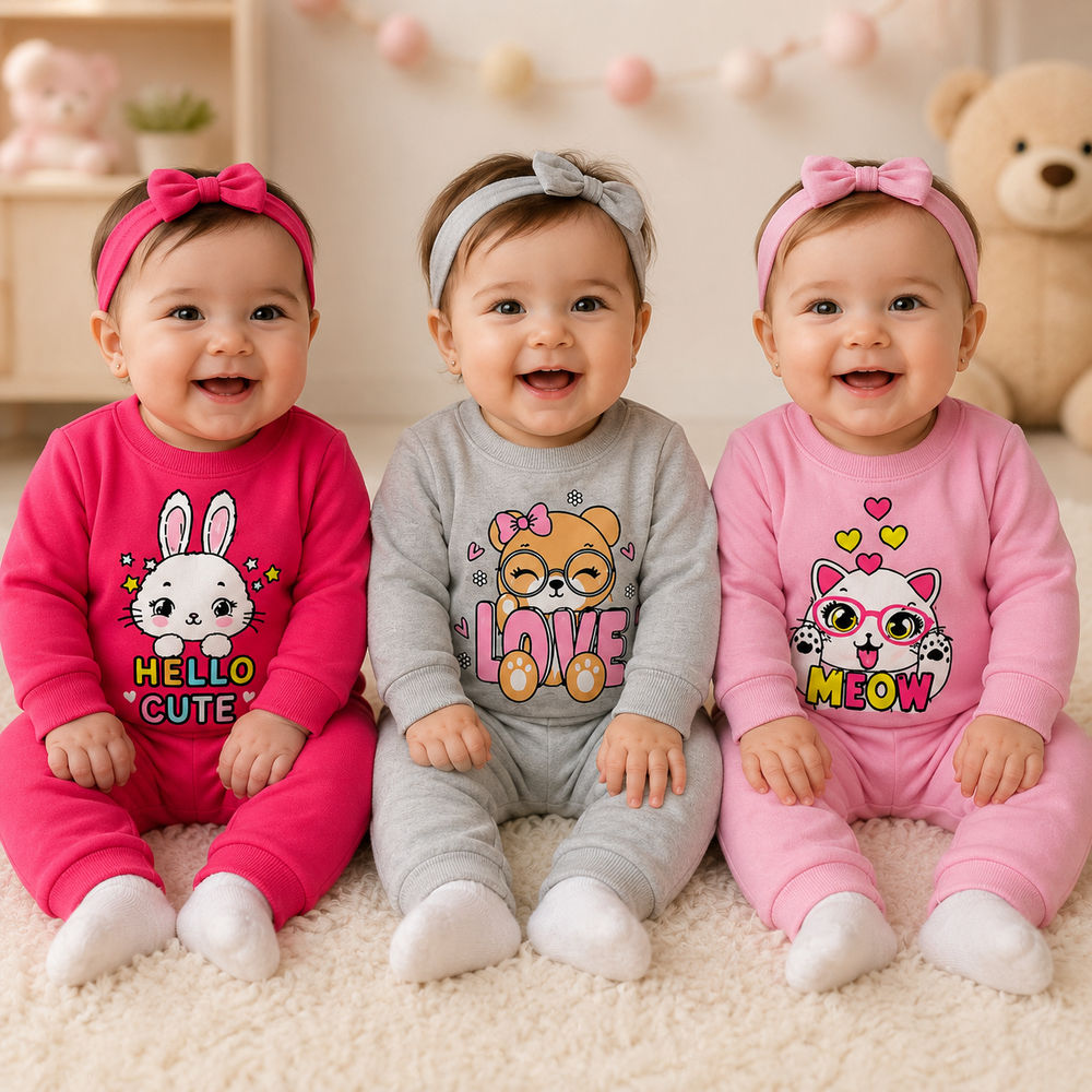 Kit Com 3 Conjuntos Blusa e Calça Moletom Quentinho Para Meninas Até 12 Meses
