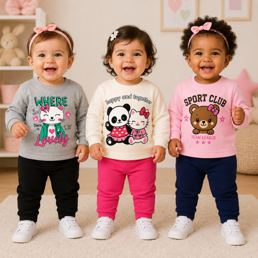 Kit 3 Conjuntos de Moletom Menina Blusa Gola Careca e Calça - 01 até 03 anos