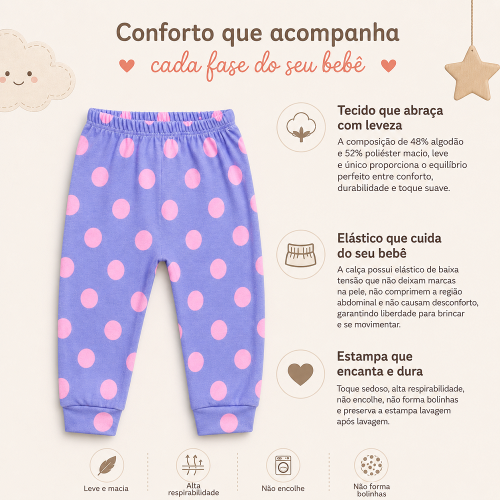 Calça Infantil Tecido Macelin Estampado Bolinhas Rosa De 12 A 24 Meses