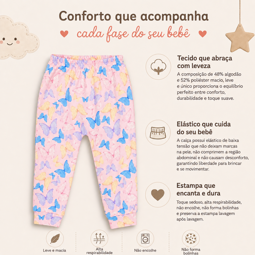 Calça Infantil Tecido Macelin Estampado Borboletas De 12 A 24 Meses