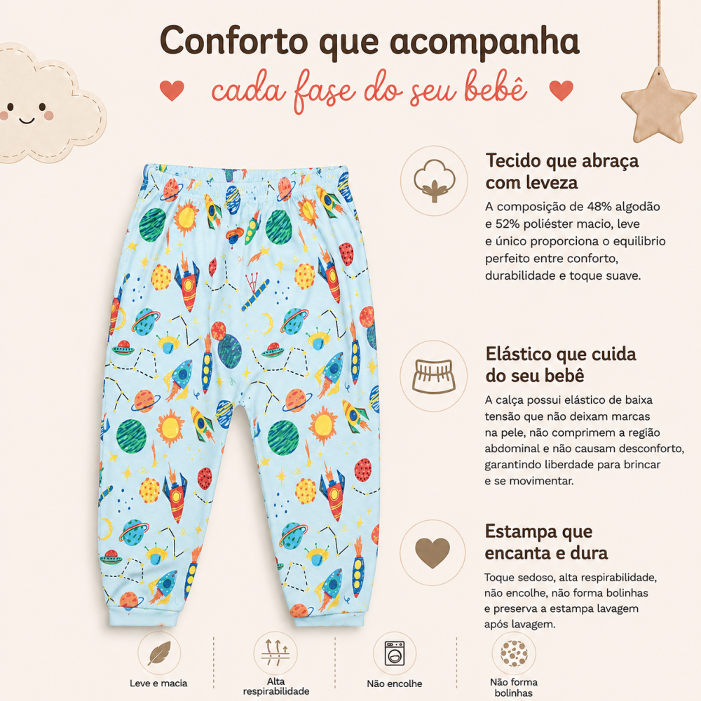 Calça Infantil Tecido Macelin Estampado Foguete De 12 A 24 Meses