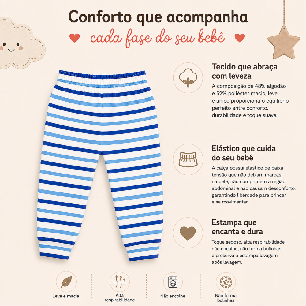 Calça Infantil Tecido Macelin Estampado Listrado Azul De 12 A 24 Meses