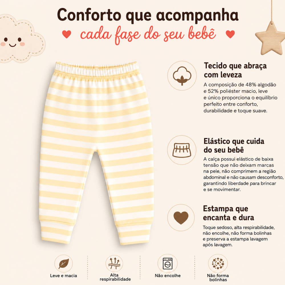 Calça Infantil Tecido Macelin Estampado Listrado Amarelo De 12 A 24 Meses