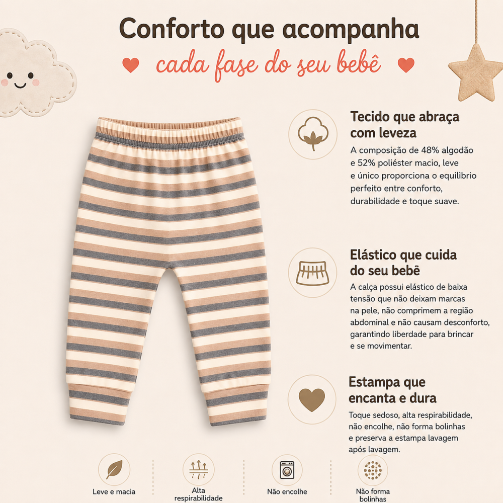 Calça Infantil Tecido Macelin Estampado Listrado Marrom De 12 A 24 Meses