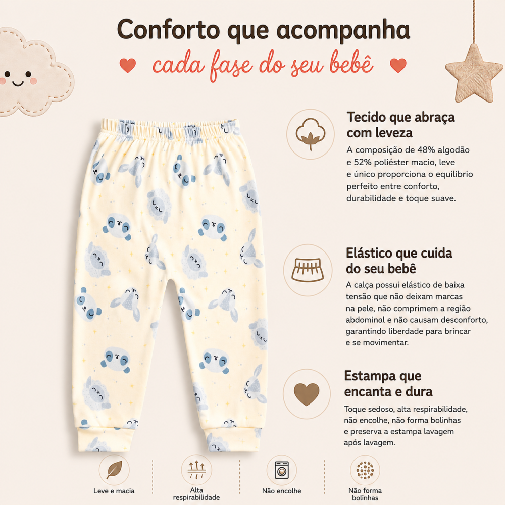 Calça Infantil Tecido Macelin Estampado Bichinhos De 12 A 24 Meses