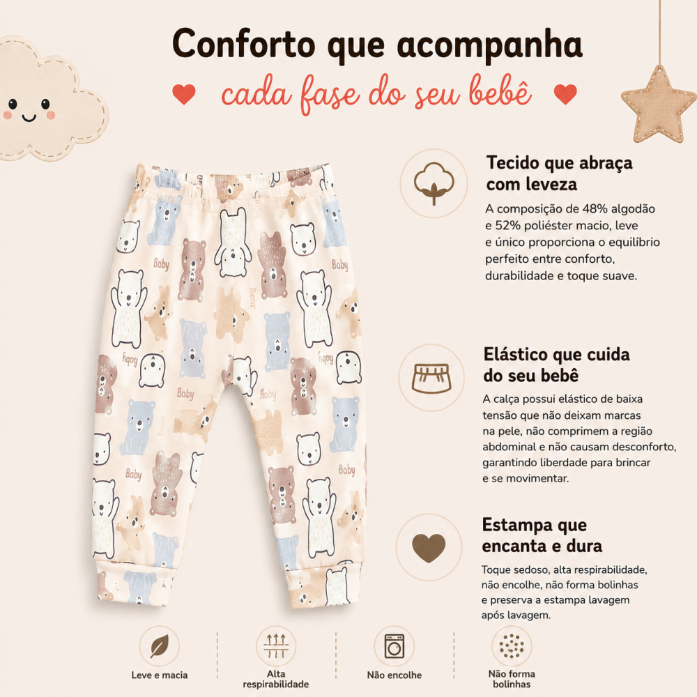 Calça Infantil Tecido Macelin Estampado Urso De 12 A 24 Meses