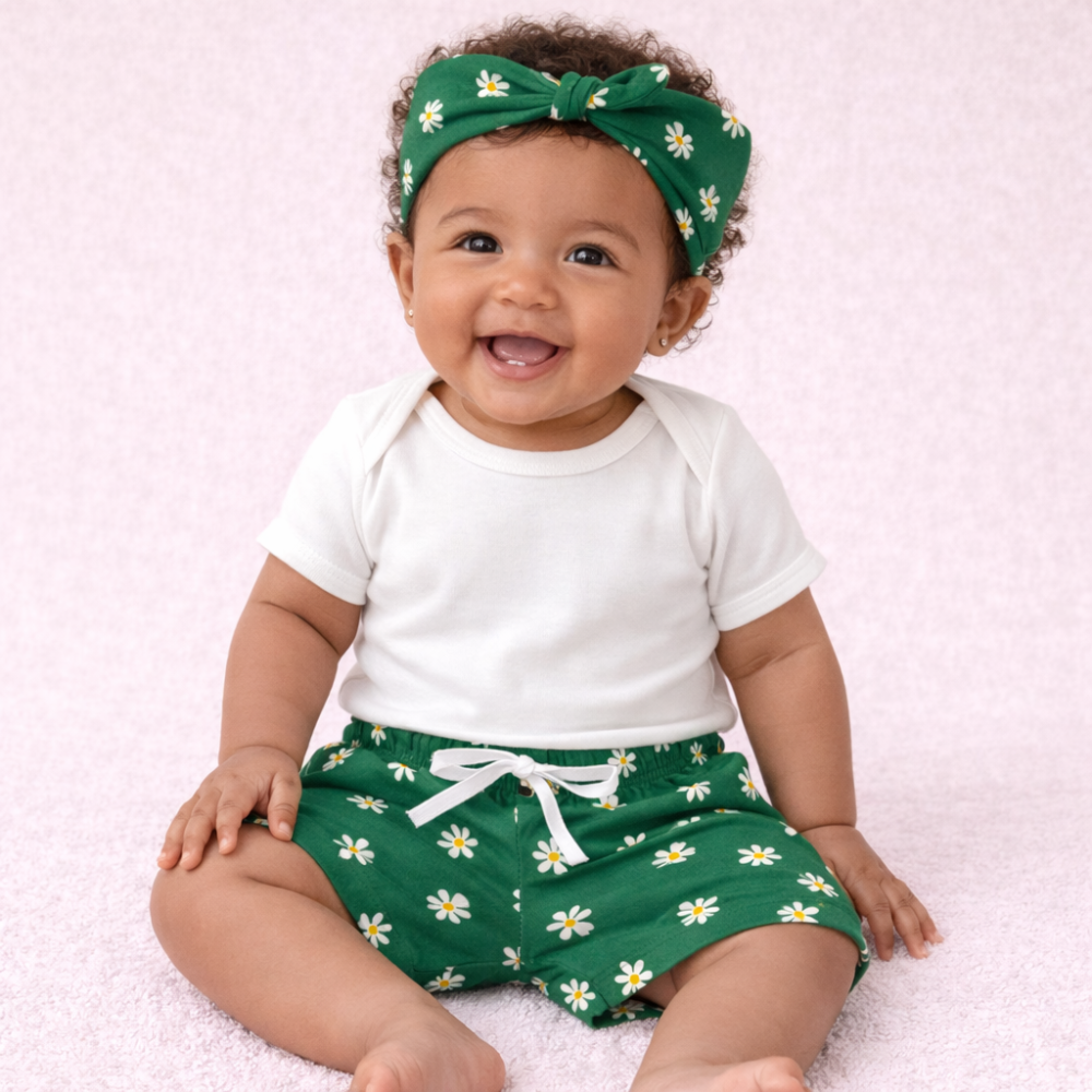 Shorts com Faixinha Minimalista Margaridas Para Bebês até 12 Meses