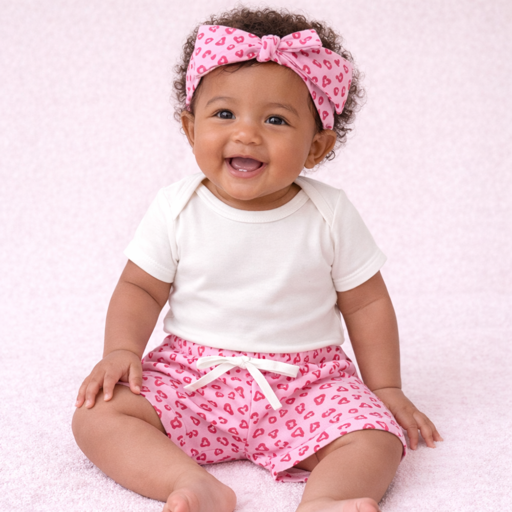 Shorts com Faixinha Minimalista Onça Rosa Para Bebês Até 12 Meses