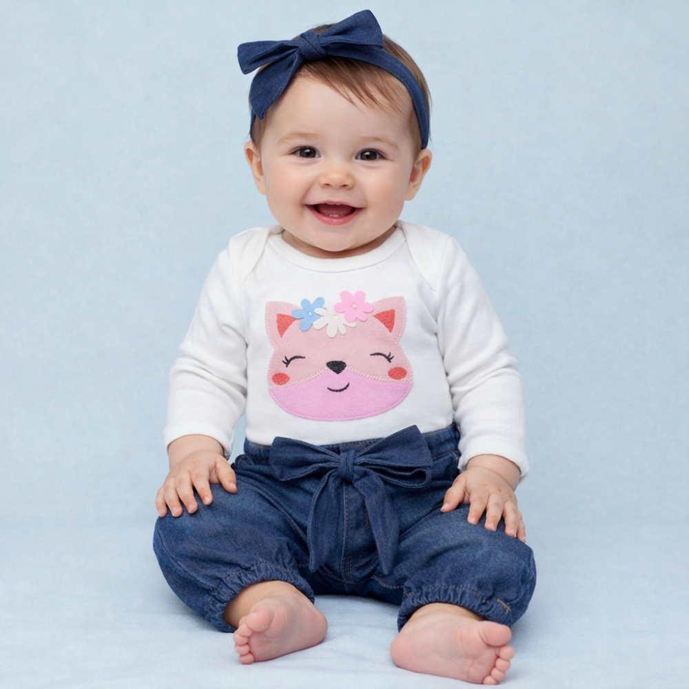 CONJUNTO PARA BEBÊ BODY E CALÇA JEANS BORDADO RAPOSA LAVAGEM ESCURA