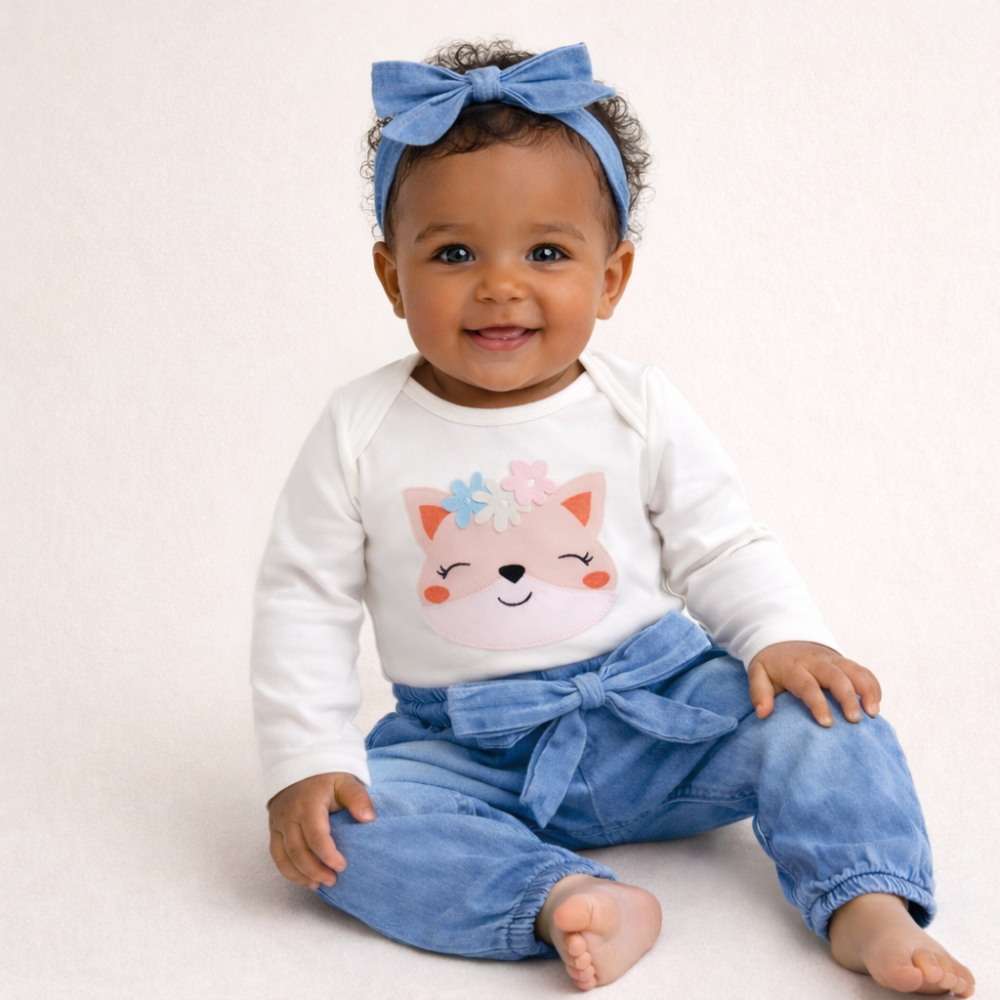 CONJUNTO PARA BEBÊ BODY E CALÇA JEANS BORDADO RAPOSA LAVAGEM CLARA