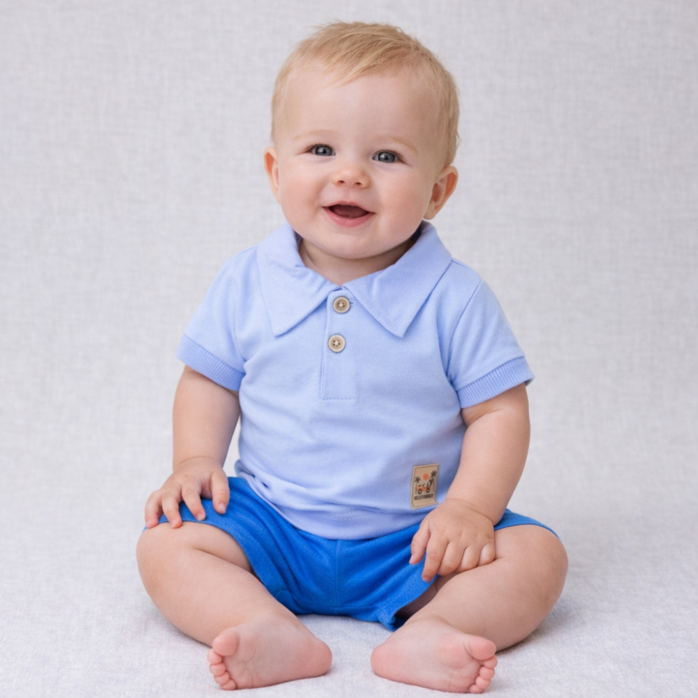 Conjunto Polo Bebê Menino Camiseta Gola Polo com Dois Botões e Bermuda Azul Claro