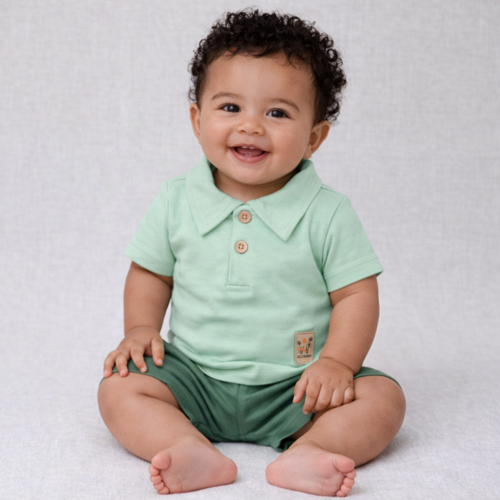 Conjunto Polo Bebê Menino Camiseta Gola Polo com Dois Botões e Bermuda Verde Oliva