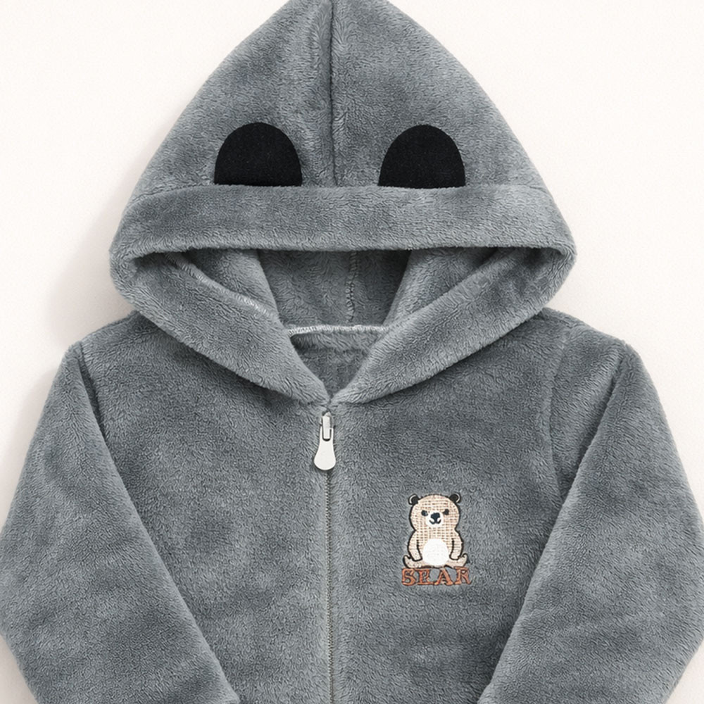 Jaqueta de Inverno Fleece Macio com Capuz Cinza Para Bebê Menino Até 12 Meses 
