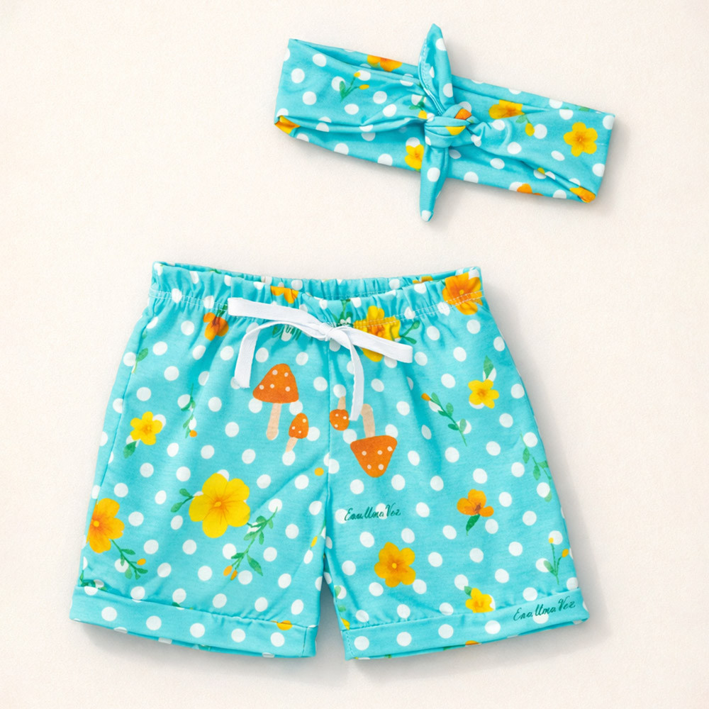 Conjunto Bebê Menina Look 3 Peças Body, Shorts e Faixinha Estampadinho Cogumelo