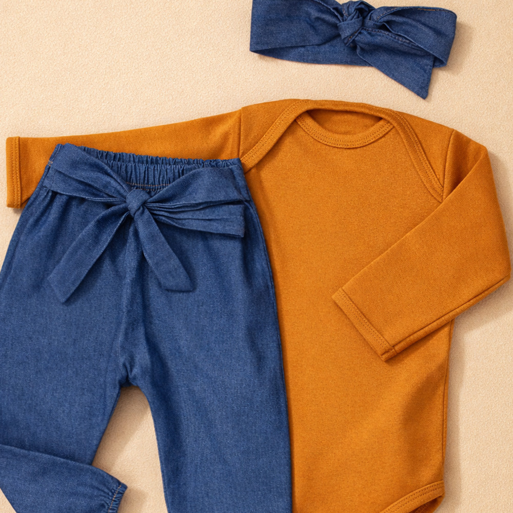 Conjunto Para Bebê Body e Calça Jeans com Faixinha Caramelo 