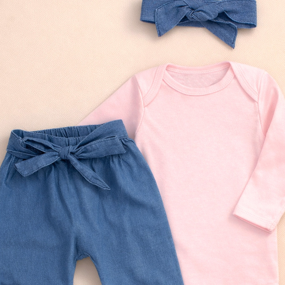 Conjunto Para Bebê Body e Calça Jeans com Faixinha Rosa Claro