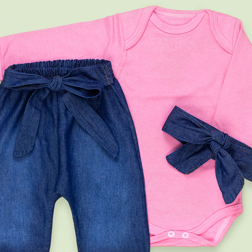 Conjunto Para Bebê Body e Calça Jeans com Faixinha Rosa 