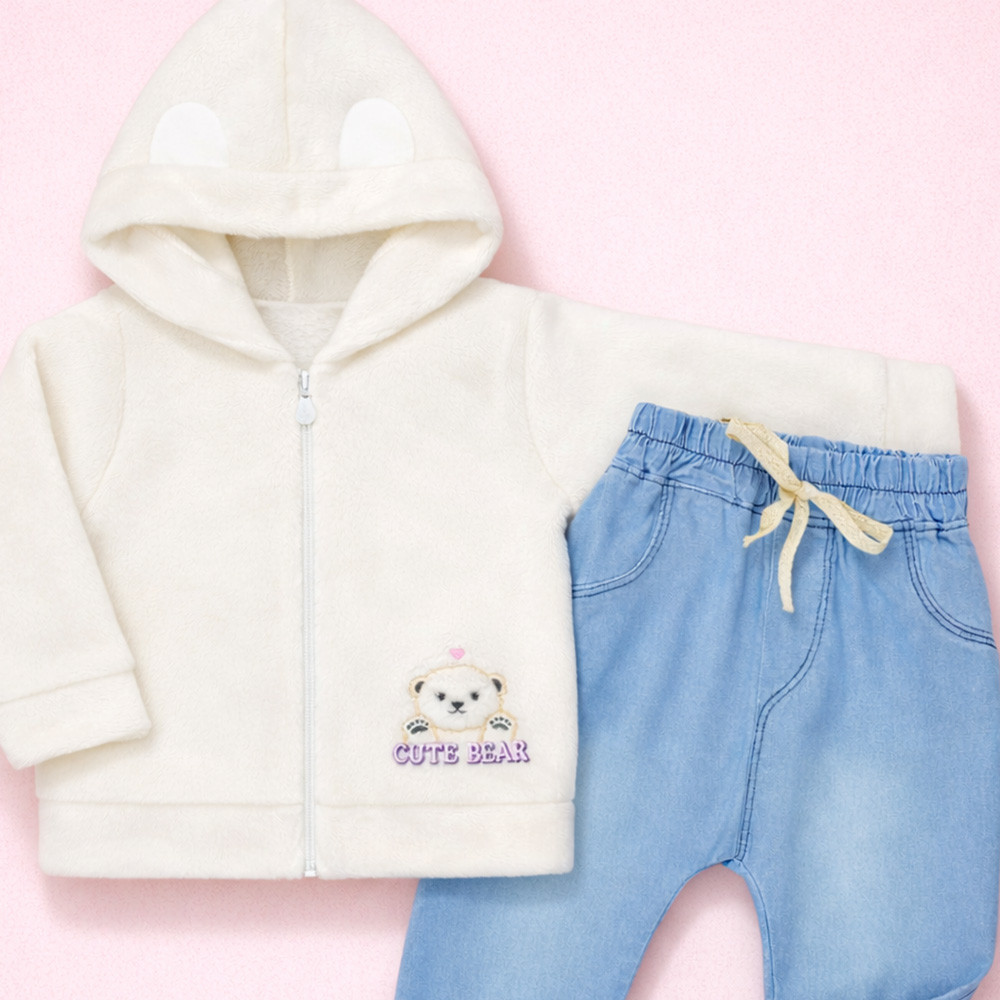 Conjunto Blusa Fleece Aveludado e Calça Jeans Creme Para Bebê Menina