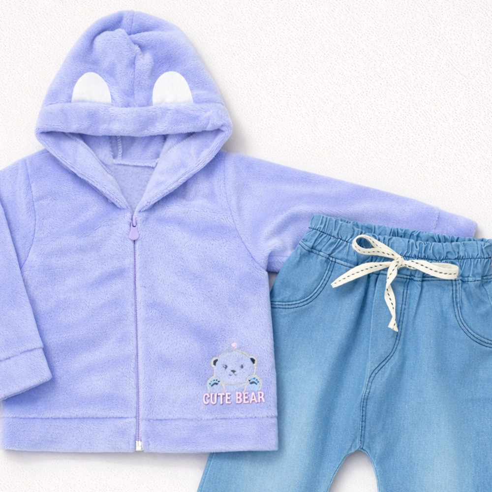 Conjunto Blusa Fleece Aveludado e Calça Jeans Lilás Para Bebê Menina