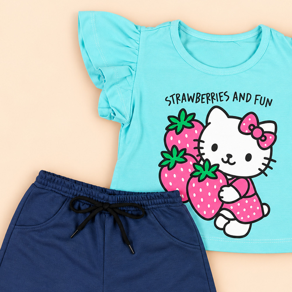 Conjunto Infantil Menina Verão Blusa Estampada e Shorts 2 até 8 anos Turquesa