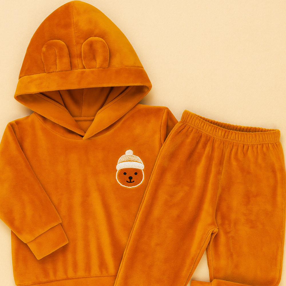 Conjunto Plush Bebê Menino Blusa com Capuz e Calça Caramelo 