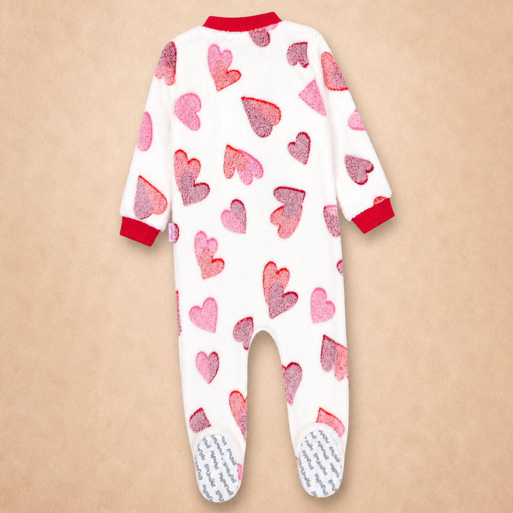 Macacão Fleece Infantil Zíper Solinha Antiderrapante Estampado Corações 12 a 24 Meses