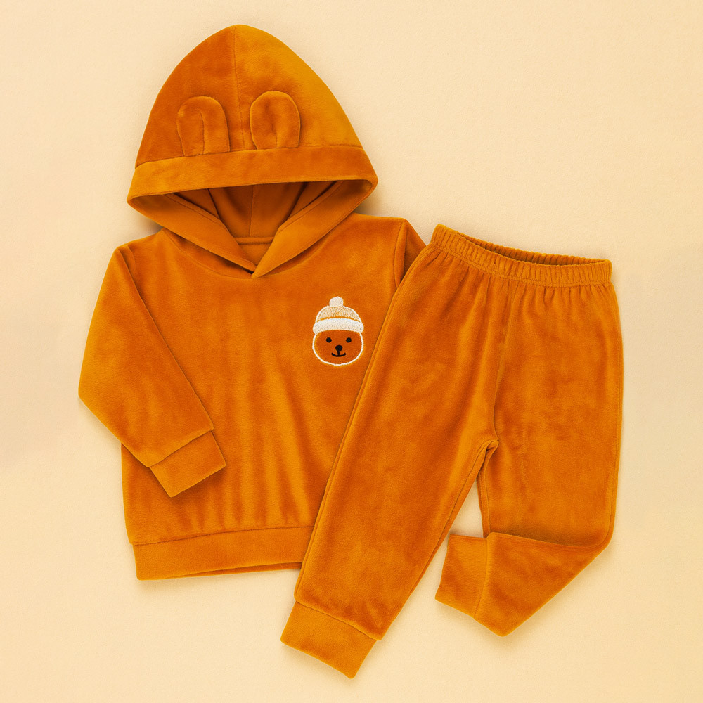 Conjunto Plush Bebê Menino Blusa com Capuz e Calça Caramelo 