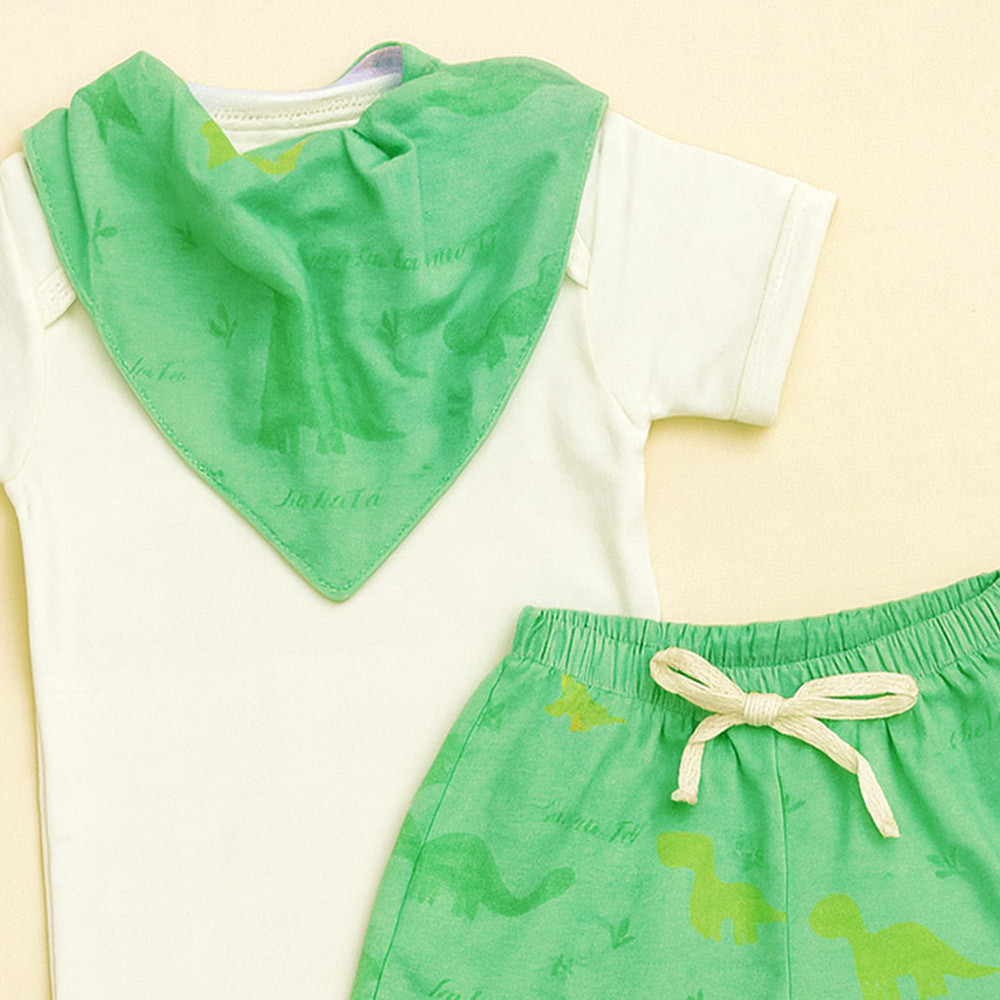 Conjunto 3 Peças Look Completo Body, Shorts e Bandana Estampada Divertida Dino 