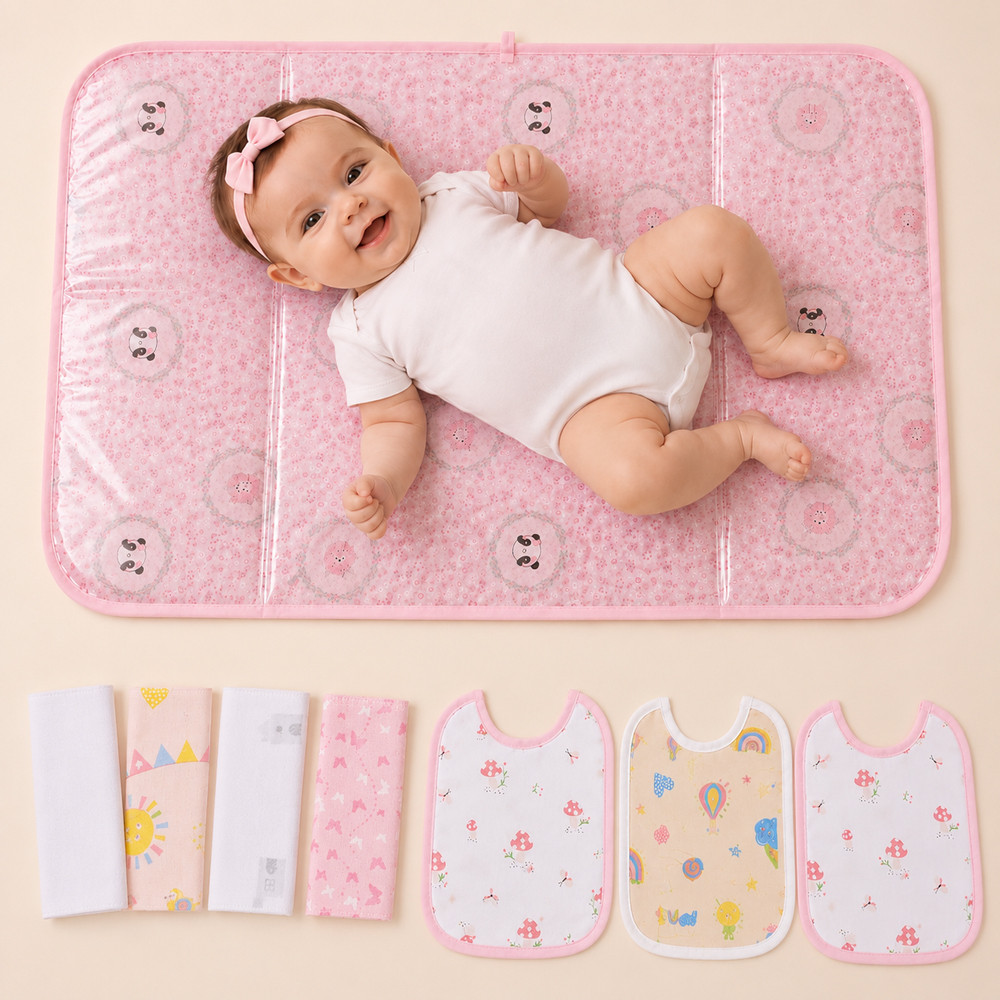 Kit Troca E Higiene Karinho 8 Peças Trocador Portátil Impermeável 75x45cm Amiguinhas