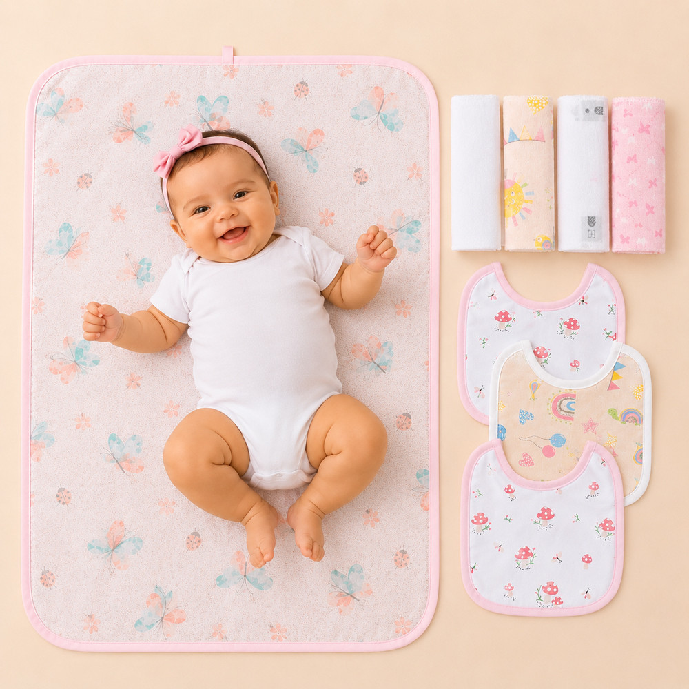 Kit Troca E Higiene Karinho 8 Peças Trocador Portátil Impermeável 75x45cm Borboletas