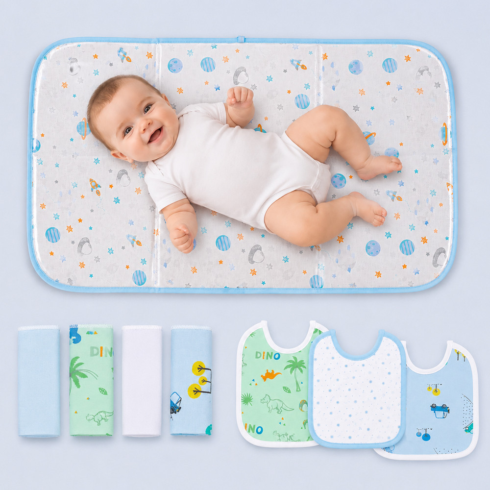 Kit Troca E Higiene Karinho 8 Peças Trocador Portátil Impermeável 75x45cm Planetas